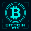 Bitcoin BTC logo, turquoise cyan, digital HUD style